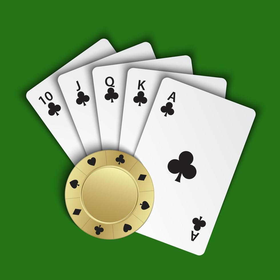 una escalera real de clubes con fichas de póquer de oro sobre fondo verde, manos ganadoras de cartas de póquer, cartas y fichas de casino, símbolos de póquer vectoriales vector