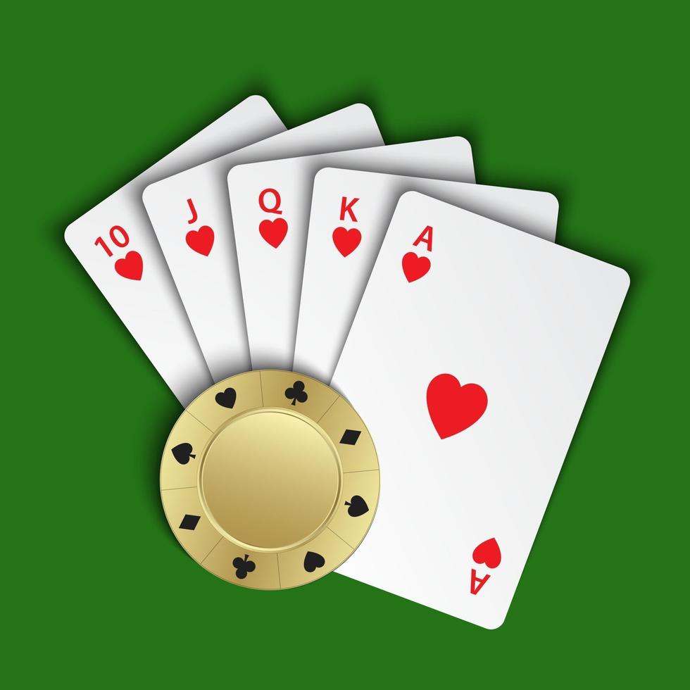 A royal flush of hearts with gold poker chip on green background, winning hands of poker cards, casino playing cards and chip, vector poker symbols