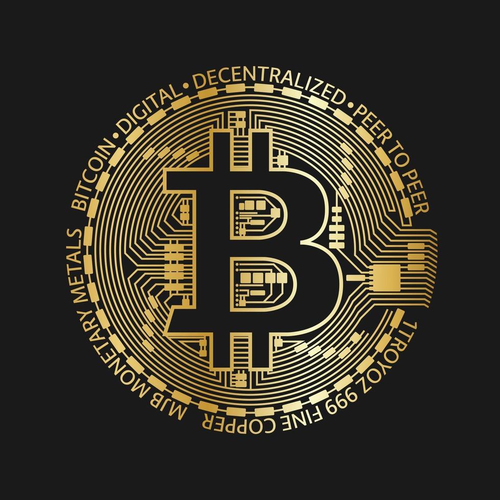 Golden bitcoin coin, vector crypto currency golden symbol isolated on black background, blockchain technology