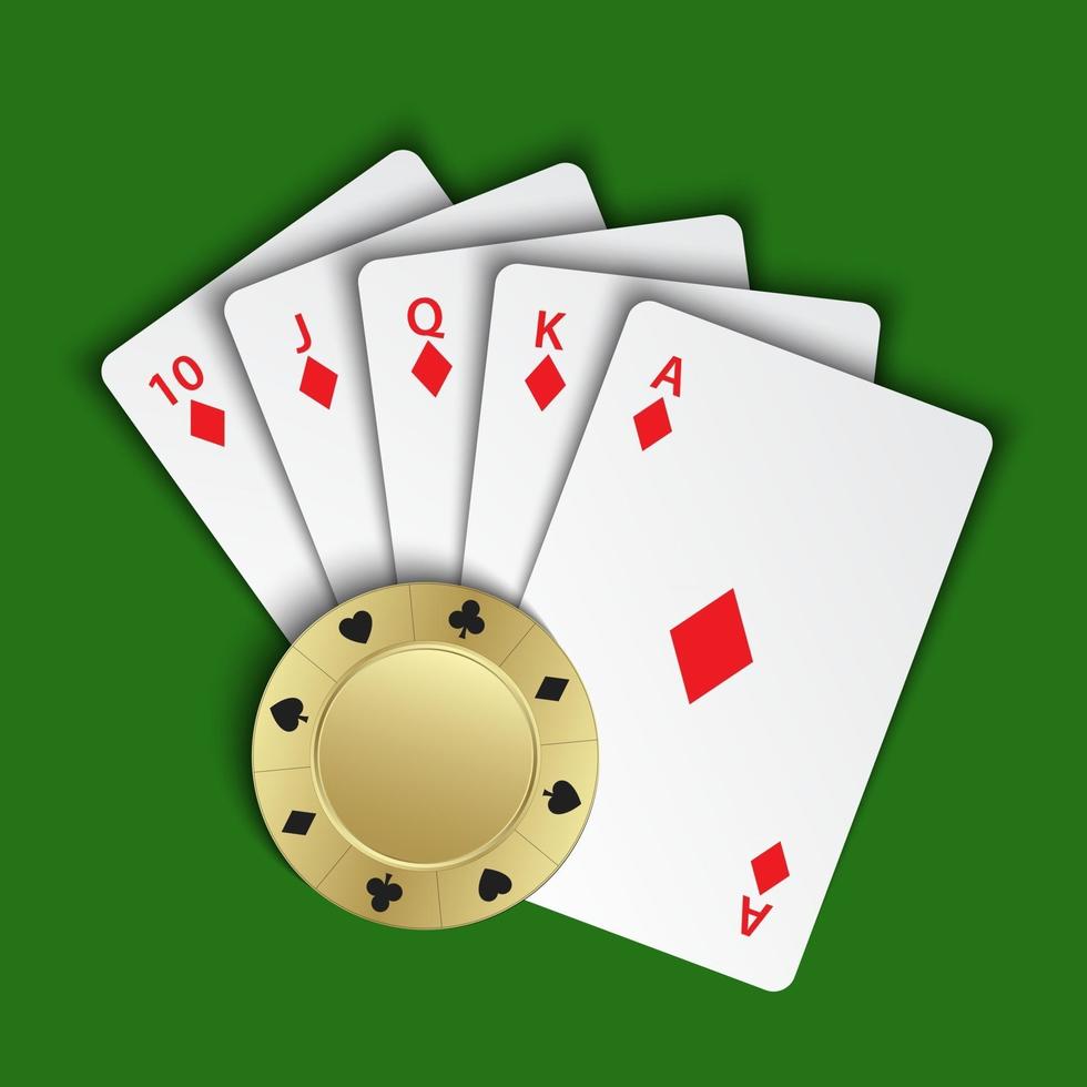 A royal flush of diamonds with gold poker chip on green background, winning hands of poker cards, casino playing cards and chip, vector poker symbols