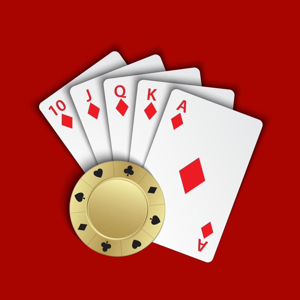 A royal flush of diamonds with gold poker chip on red background, winning hands of poker cards, casino playing cards and chip vector