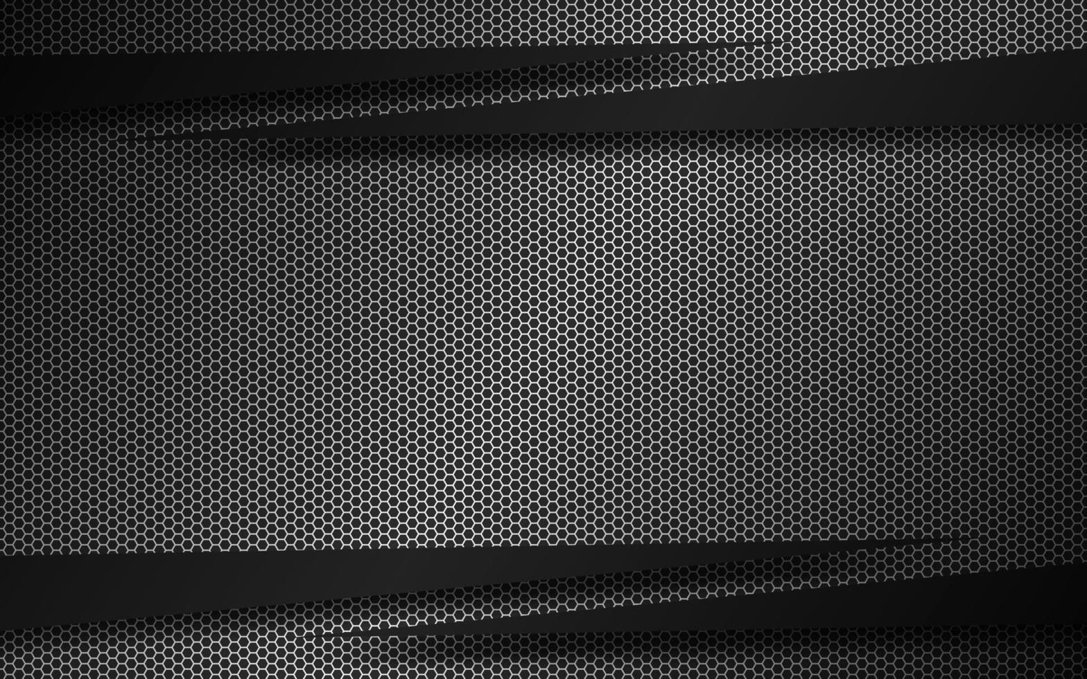 Black and grey material background with dark arrows and metal hexagonal mesh. Modern template for your business and projects. Abstract widescreen background vector