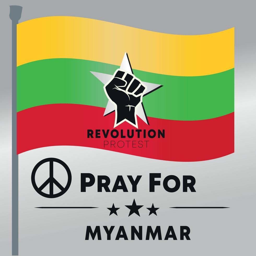 MASS PROTEST IN MYANMAR FLAG POLE STOP DICTATORSHIP REVOLUTION HAND LOGO PROPAGANDHA 2021 SYMBOL ICON LOGO WITH PEACE LOGO vector