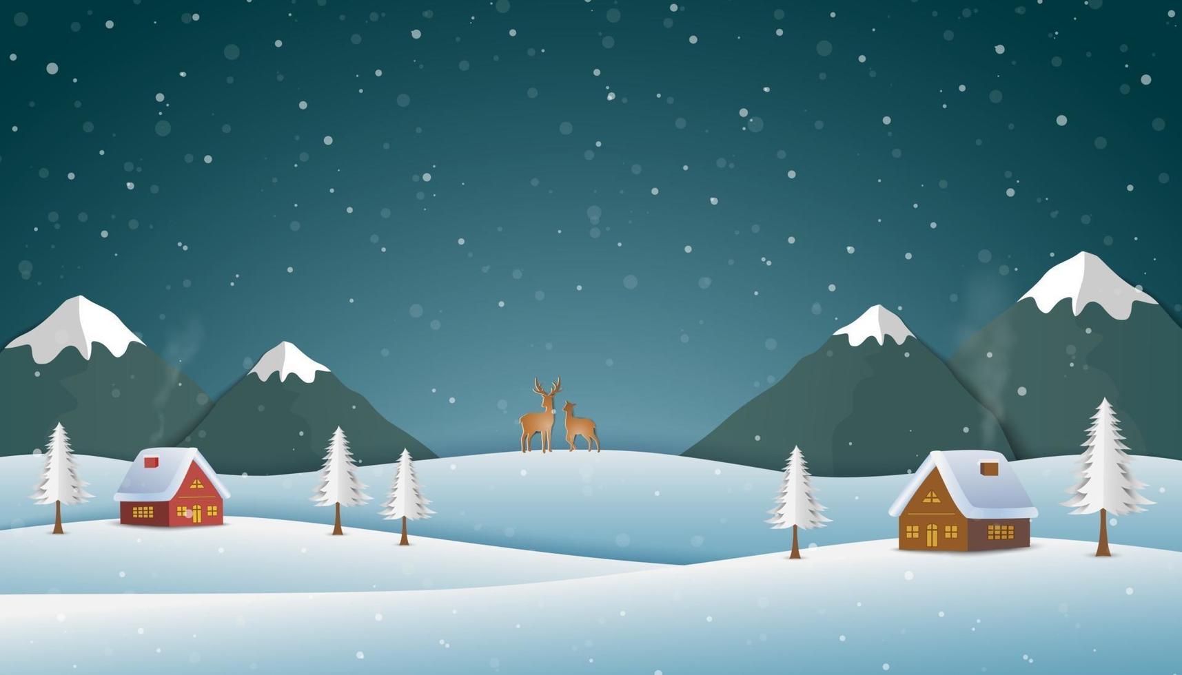 Paper art landscape background with countryside on winter night vector