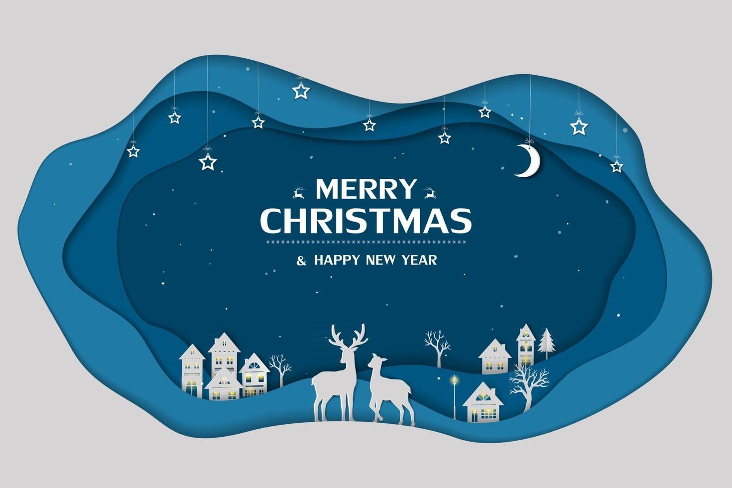 Feliz navidad y próspero año nuevo tarjeta de felicitación con fondo de arte de papel en la noche de invierno vector