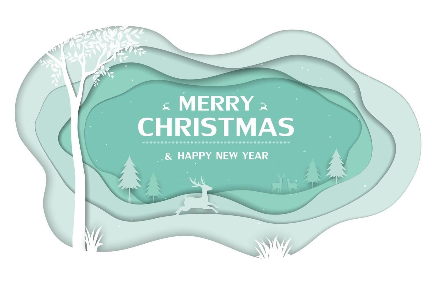 Merry Christmas and happy new year greeting card,winter forest on soft green paper art background vector