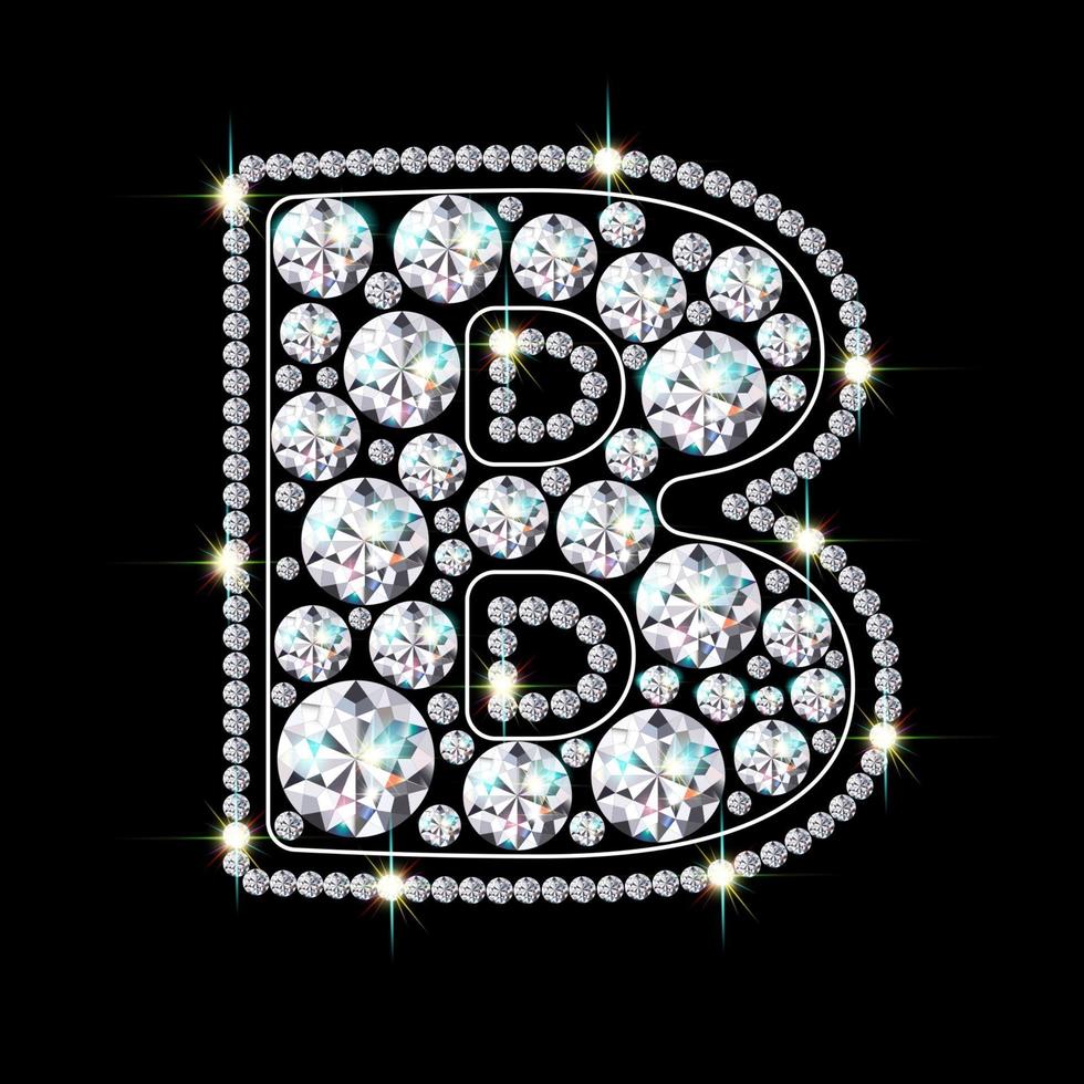 Alphabet letter B made from bright, sparkling diamonds Jewelry font 3d realistic style vector illustration