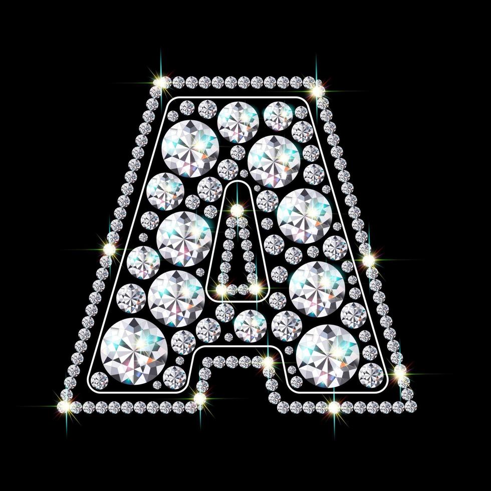 Alphabet letter A made from bright, sparkling diamonds Jewelry font 3d realistic style vector illustration