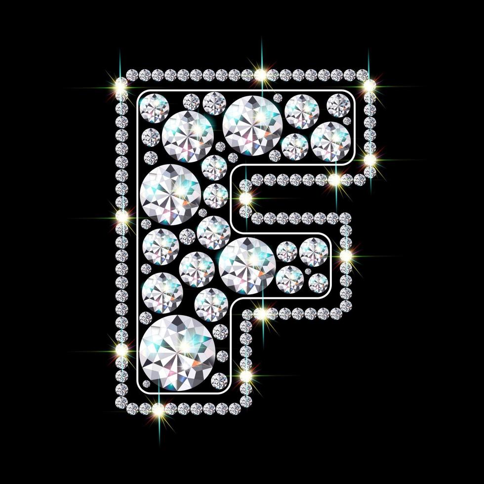 Alphabet letter F made from bright, sparkling diamonds Jewelry font 3d realistic style vector illustration