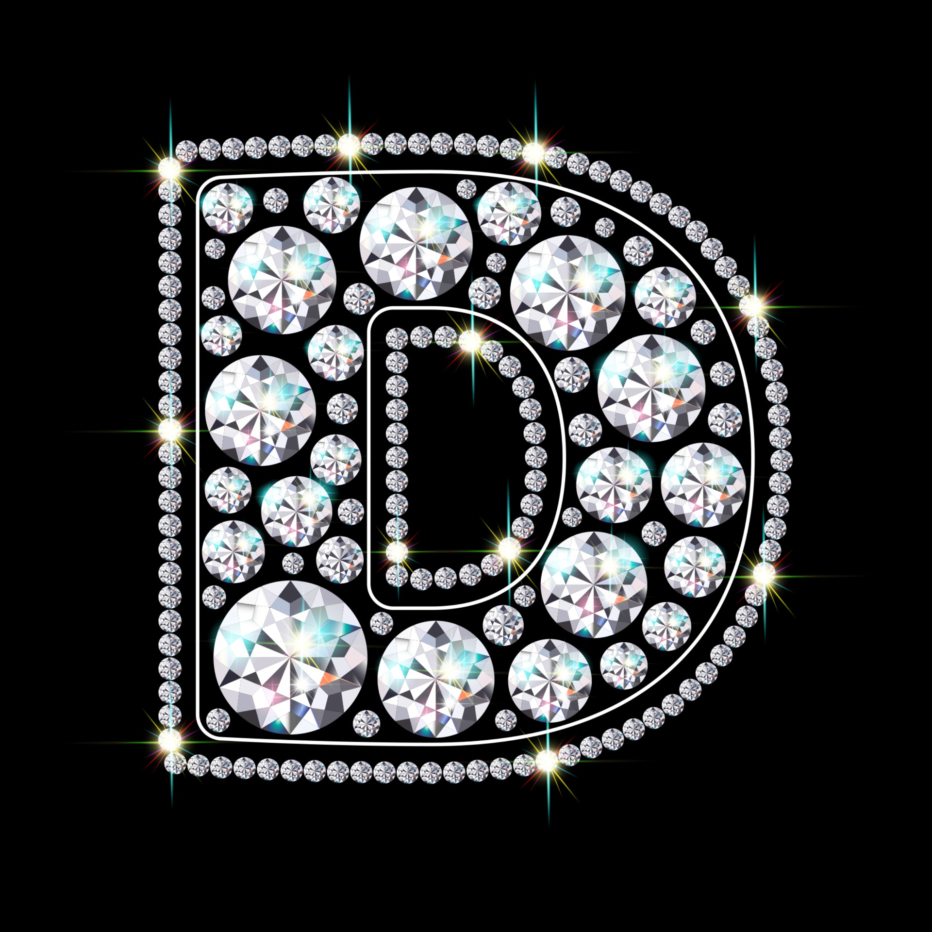 Alphabet letter D made from bright, sparkling diamonds Jewelry font 3d