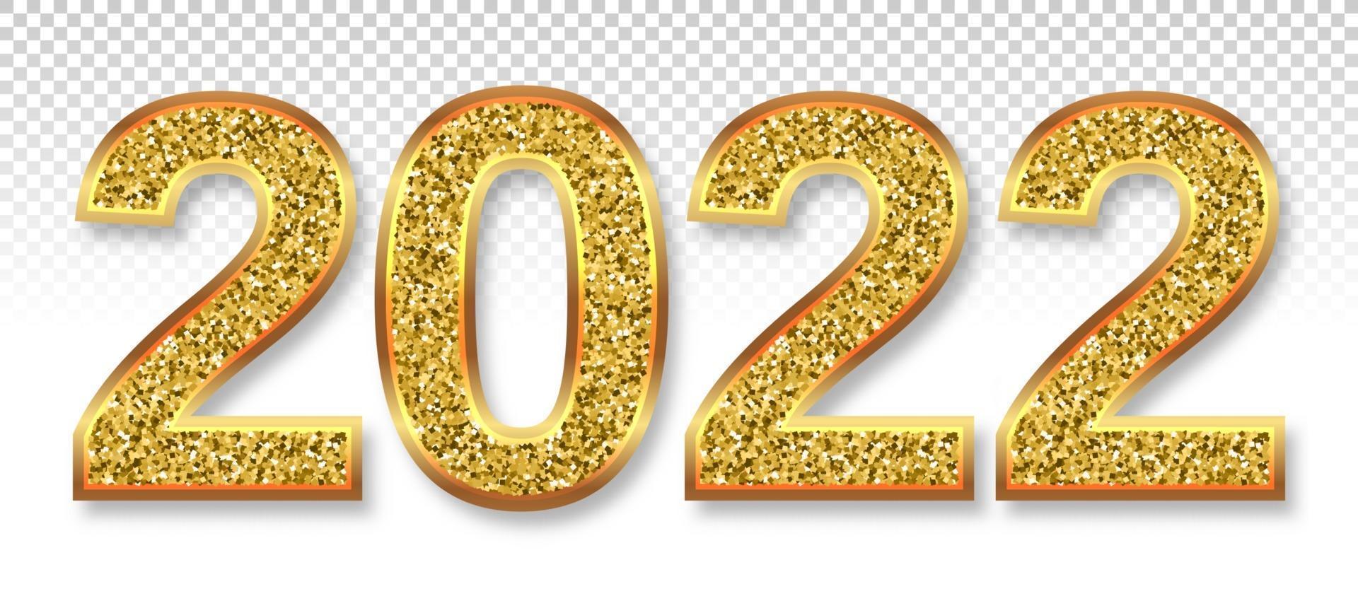 2022 numbers are gold glitter swirling Christmas symbol with soft shadow 3D realistic illustration Transparent background Vector