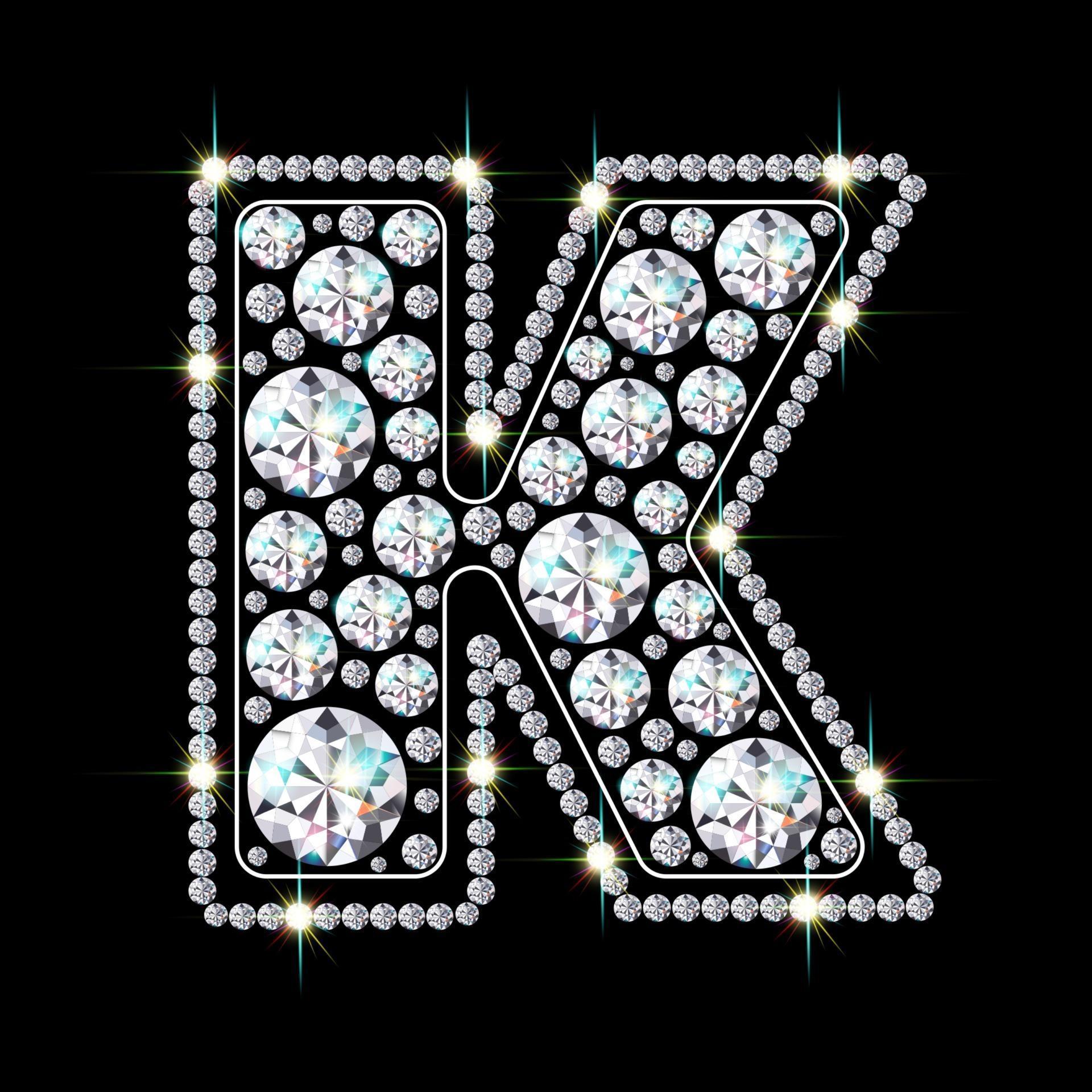 Alphabet letter K made from bright, sparkling diamonds Jewelry font 3d 