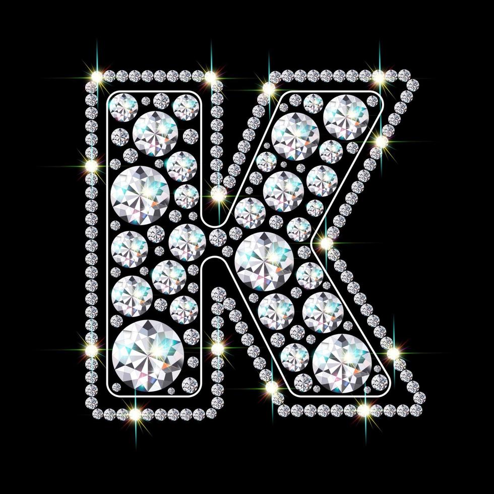 Alphabet letter K made from bright, sparkling diamonds Jewelry font 3d realistic style vector illustration