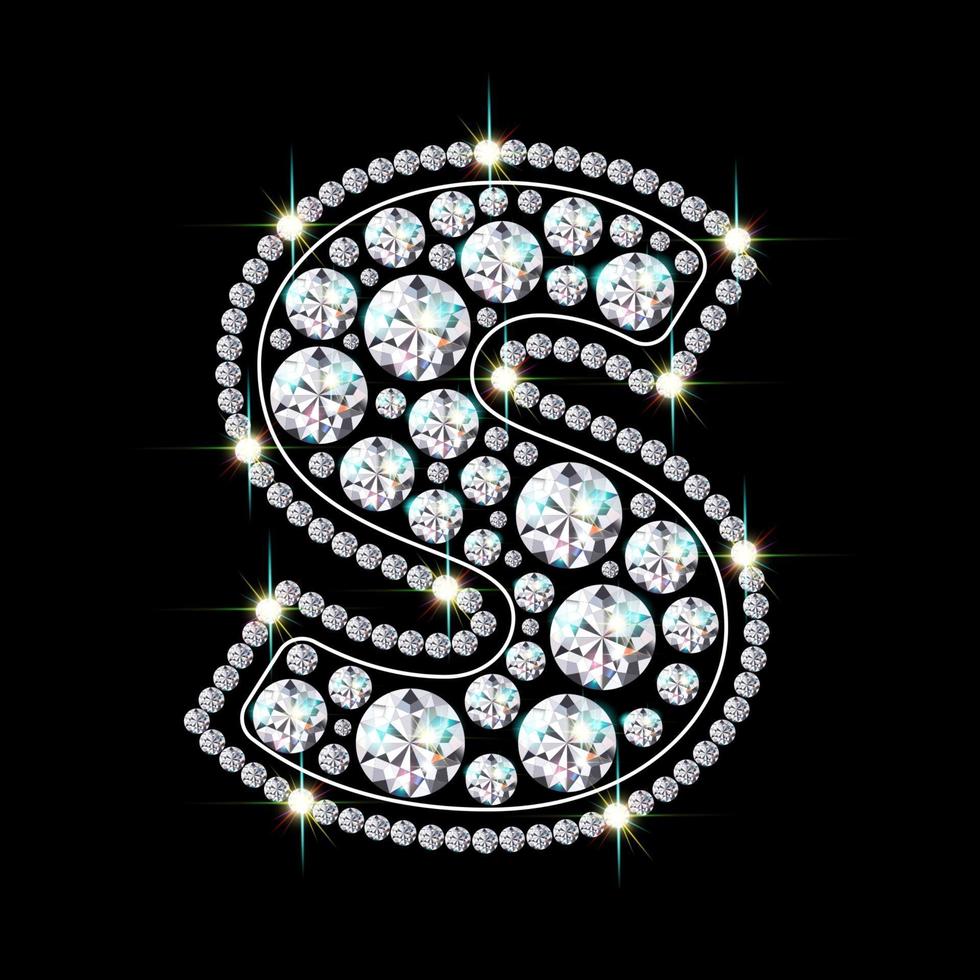 Alphabet letter S made from bright, sparkling diamonds Jewelry font 3d realistic style vector illustration