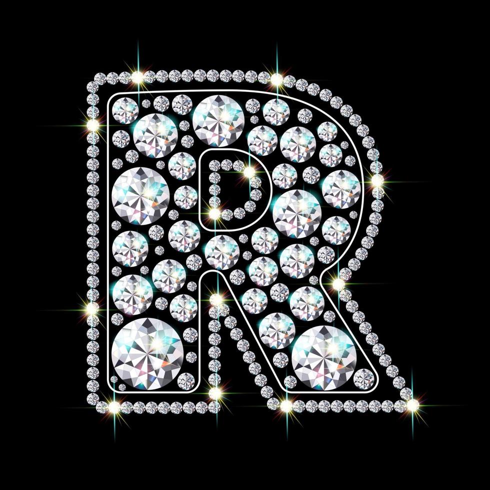 Alphabet letter R made from bright, sparkling diamonds Jewelry font 3d realistic style vector illustration