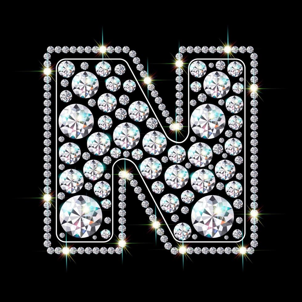 Alphabet letter N made from bright, sparkling diamonds Jewelry font 3d realistic style vector illustration