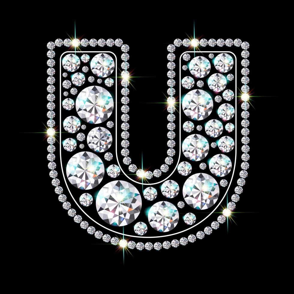 Alphabet letter U  made from bright, sparkling diamonds Jewelry font 3d realistic style vector illustration