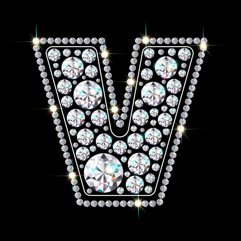 Alphabet letter V made from bright, sparkling diamonds Jewelry font 3d realistic style vector illustration