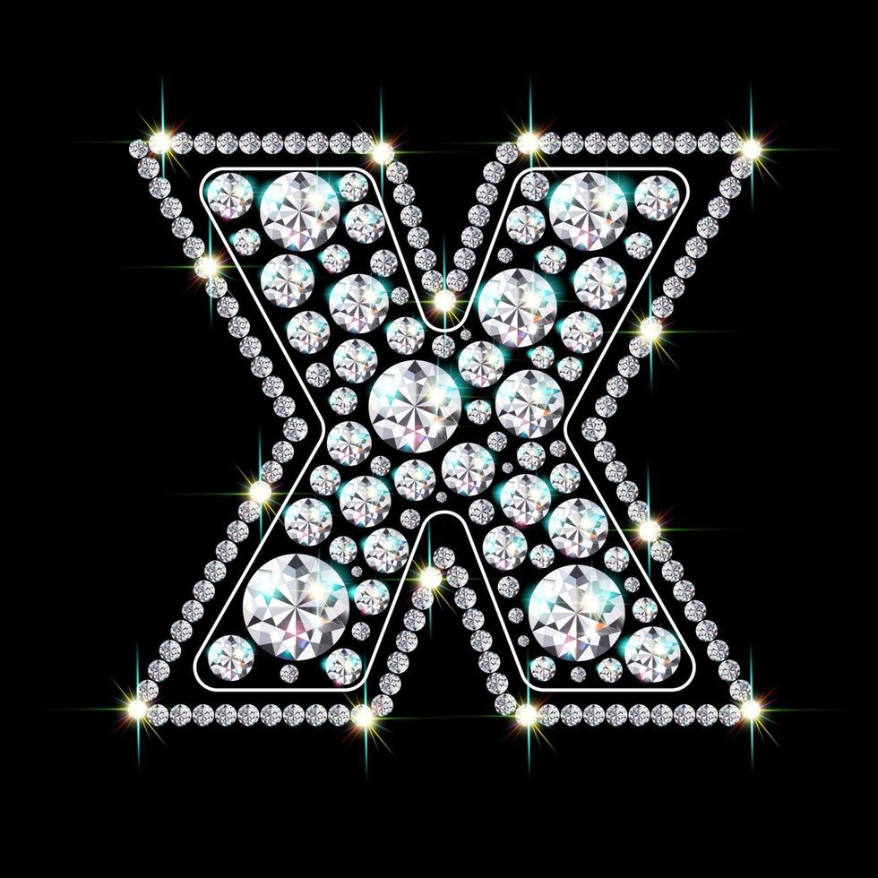 Alphabet letter X made from bright, sparkling diamonds Jewelry font 3d realistic style vector illustration