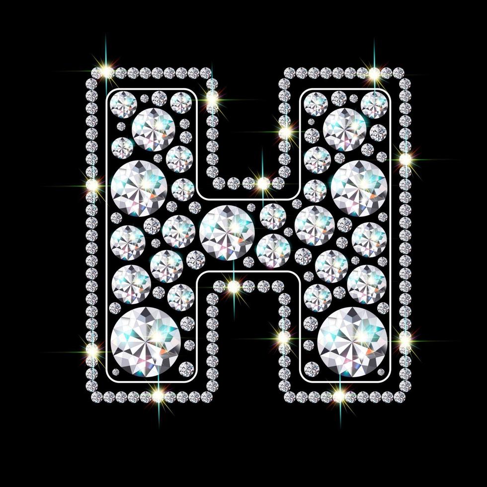 Alphabet letter H  made from bright, sparkling diamonds Jewelry font 3d realistic style vector illustration