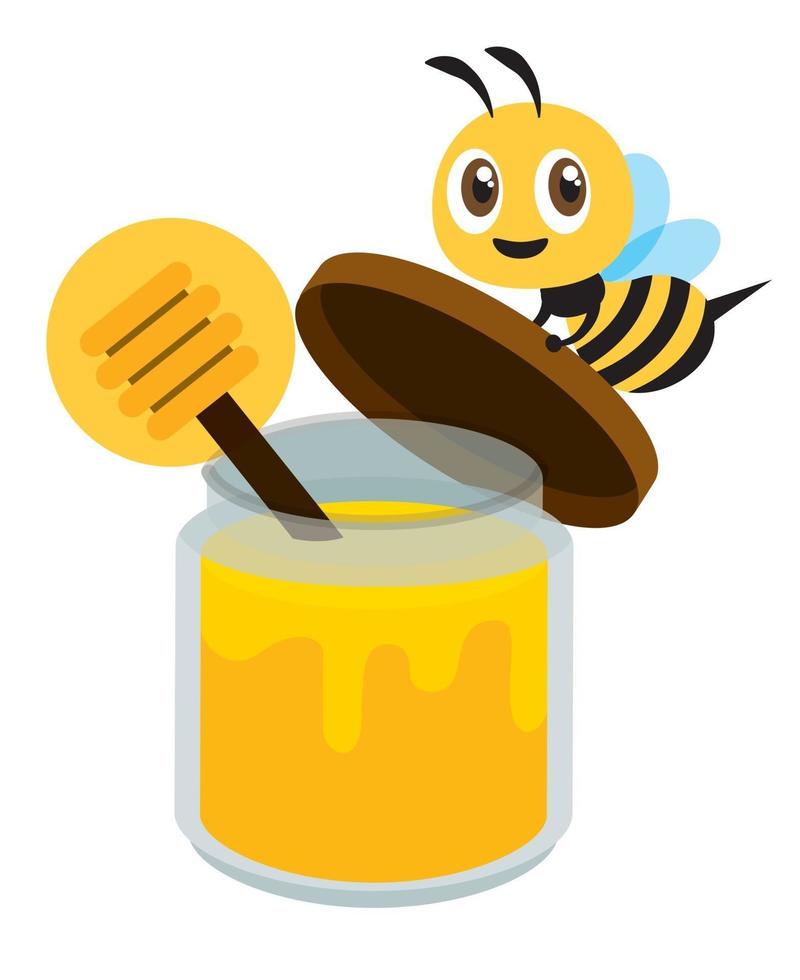 Flat design of cute bee open honey bottle cap vector