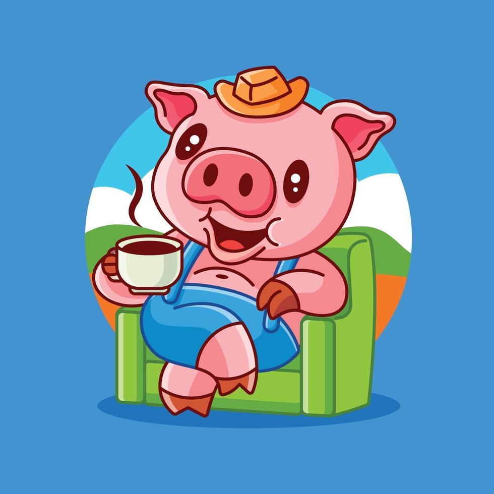 Cartoon cute pig sitting on sofa enjoying hot coffee on nature background vector