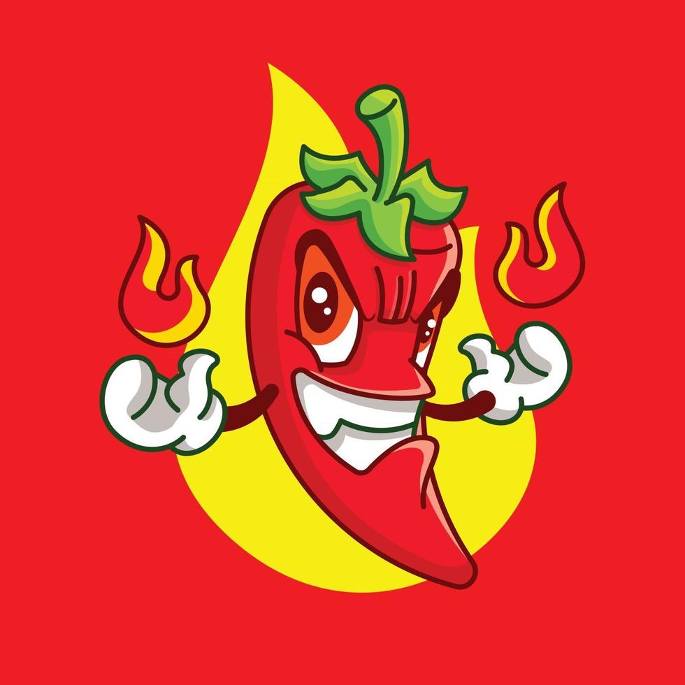 personaje de dibujos animados de chiles rojos calientes creando bolas de fuego en ambas manos vector