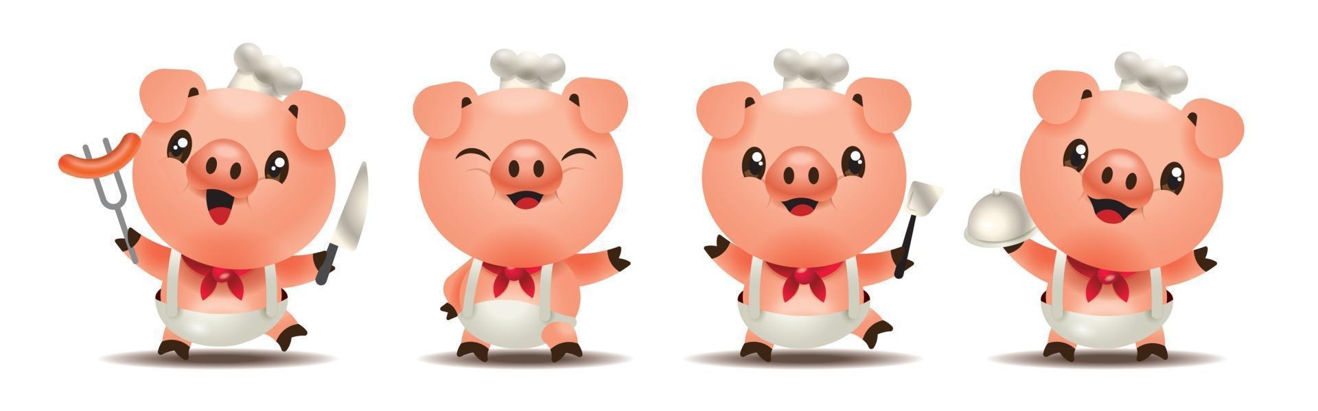 Cartoon cute pig chef mascot set holding different types of kitchen ware vector