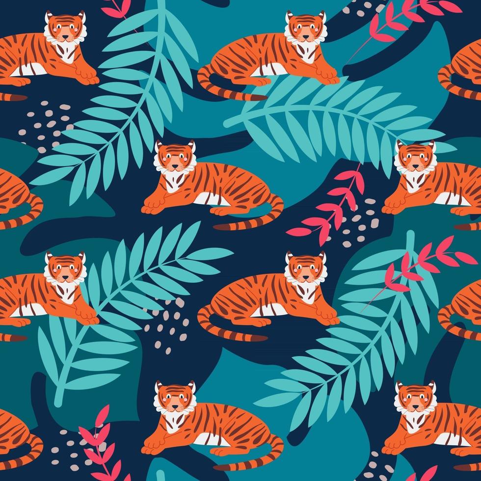 tigre entre plantas tropicales, un patrón transparente de vector brillante en un estilo plano de dibujos animados. papel pintado, papel de embalaje, tela, diseño de postal