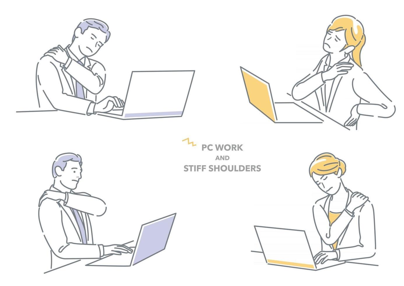 Businessman And Businesswoman Working On Laptop Computer Having Stiff Shoulders Isolated On A White Background vector