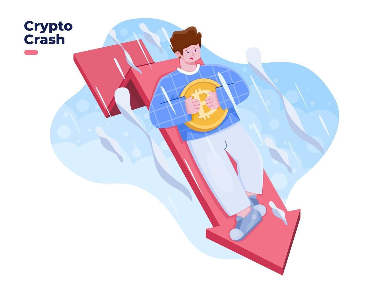 el precio de la criptomoneda cae o la ilustración del colapso del precio. accidente de bitcoin. gran pérdida de inversión en criptomonedas. caídas de precios de bitcoin. valor criptográfico hacia abajo con la flecha roja. vector