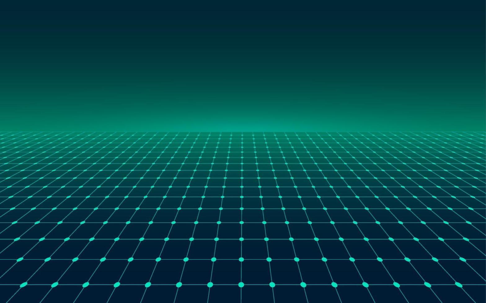 Abstract perspective green grid. Retro futuristic neon line on dark background, 80s design perspective distorted plane landscape composed of crossed neon lights and laser beams. Vector illustration