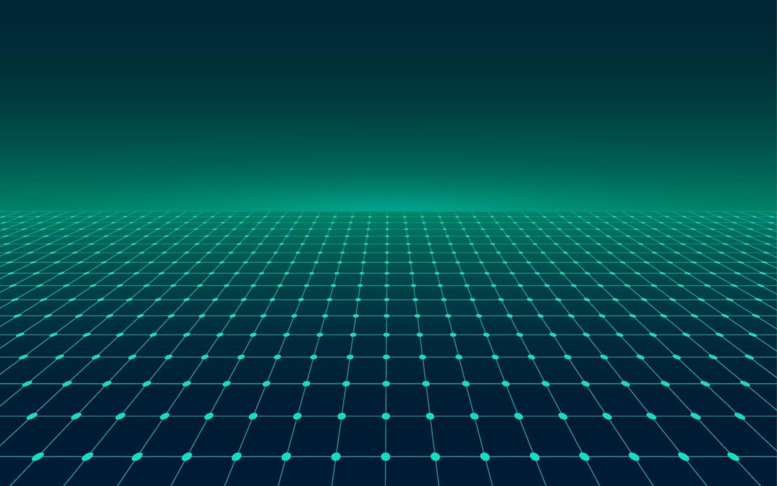 Abstract perspective green grid. Retro futuristic neon line on dark background, 80s design perspective distorted plane landscape composed of crossed neon lights and laser beams. Vector illustration