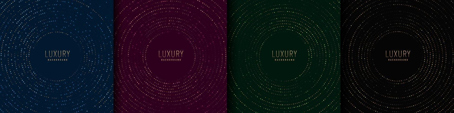 Set of abstract circular overlapping on black background with glitter and golden lines glowing dots golden combinations. Luxury and elegant halftone design. Vector illustration