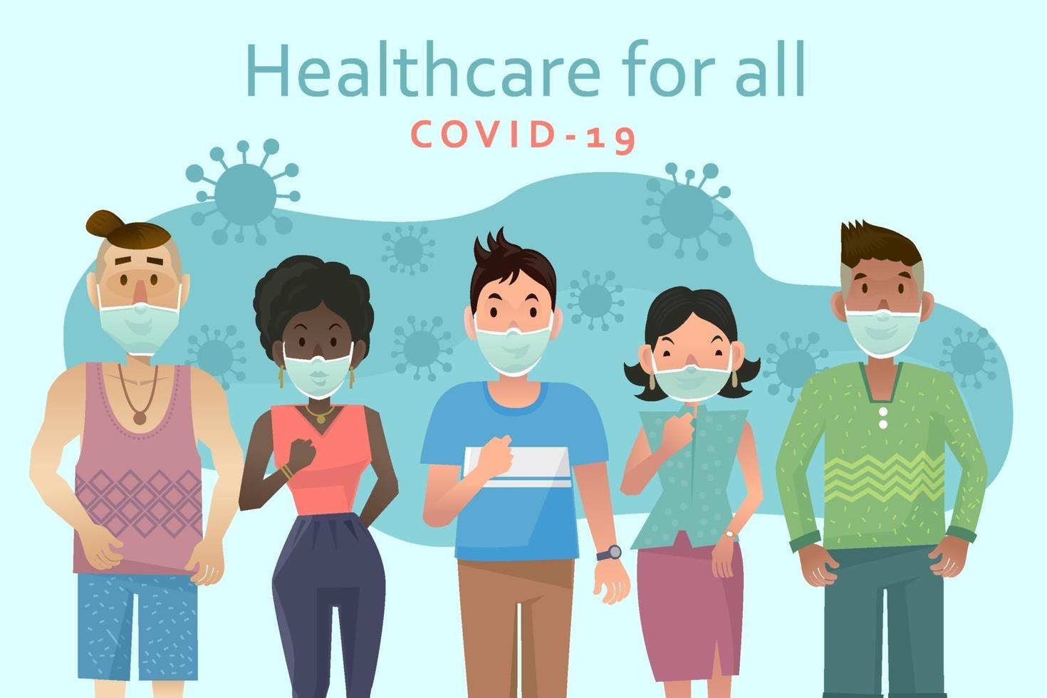 Group of people wearing in green medical face mask, flu, air pollution. Corona virus. Covid-19. Vector illustration in a flat style.