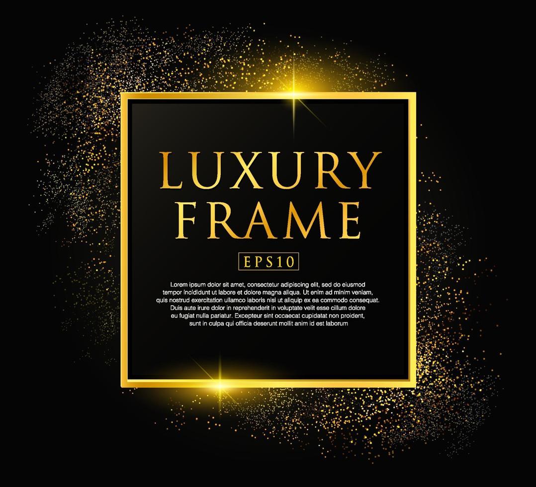 Abstract golden glitter and shiny golden square frame on black background. luxury and elegant dark template design. Vector illustration