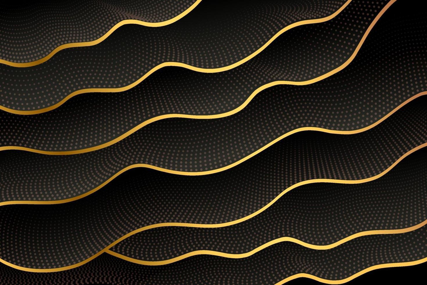 Forma fluida ondulada en capas con borde dorado y semitono brillante. vector abstracto negro y oro sobre fondo oscuro. explosión dorada de confeti. lujo y elegante. ilustración vectorial