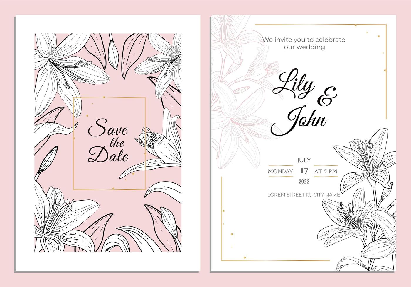 Plantilla de tarjeta de invitación de boda de lirio blanco y negro flores y hojas de lirio con marco dorado sobre fondo rosa vector