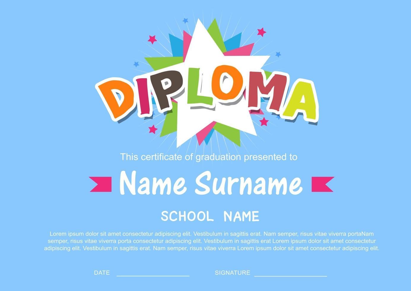 Plantilla de diseño de fondo de certificado de diploma de niños en edad preescolar vector