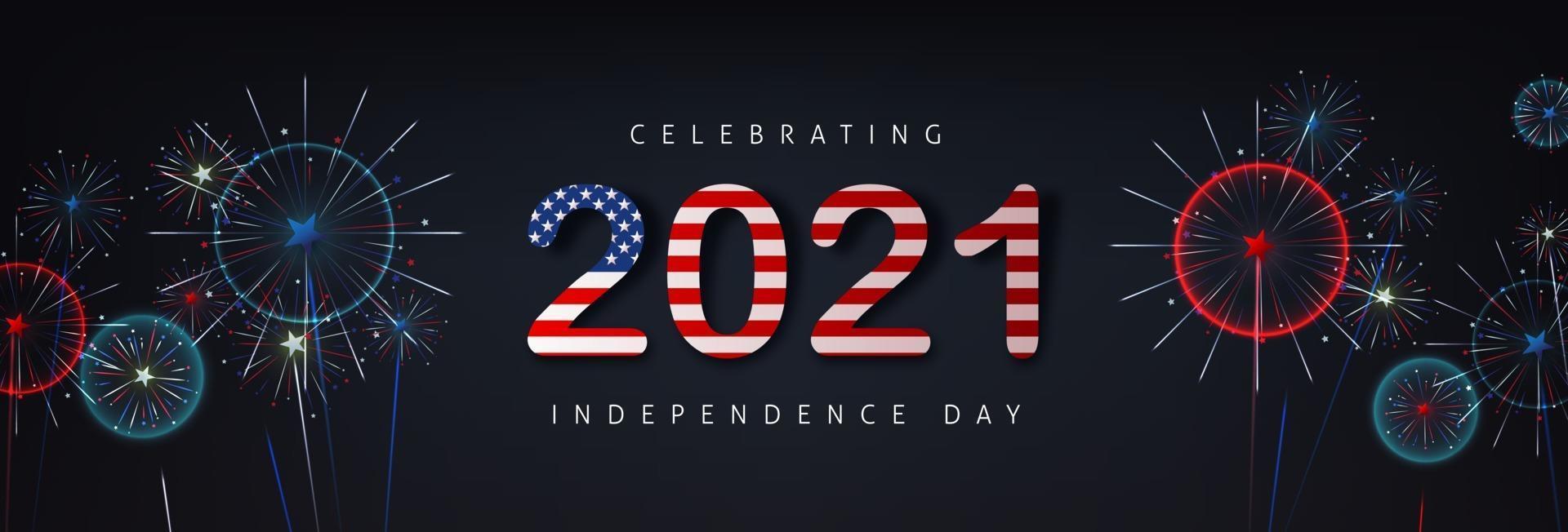 Independence day USA celebration banner with firework background and text 2021 american flag vector