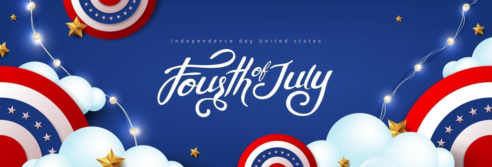 Independence day USA celebration banner with festive decoration american on cloud sky. vector