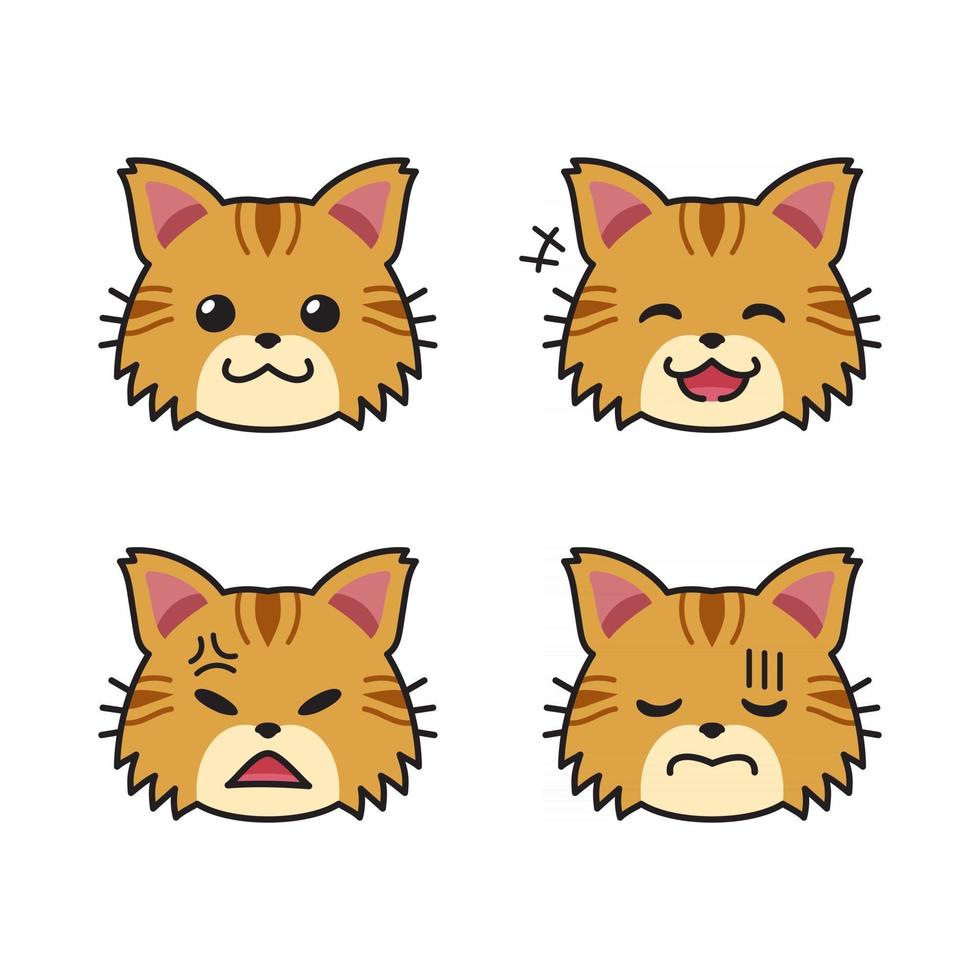 Set of cute brown cat faces showing different emotions vector