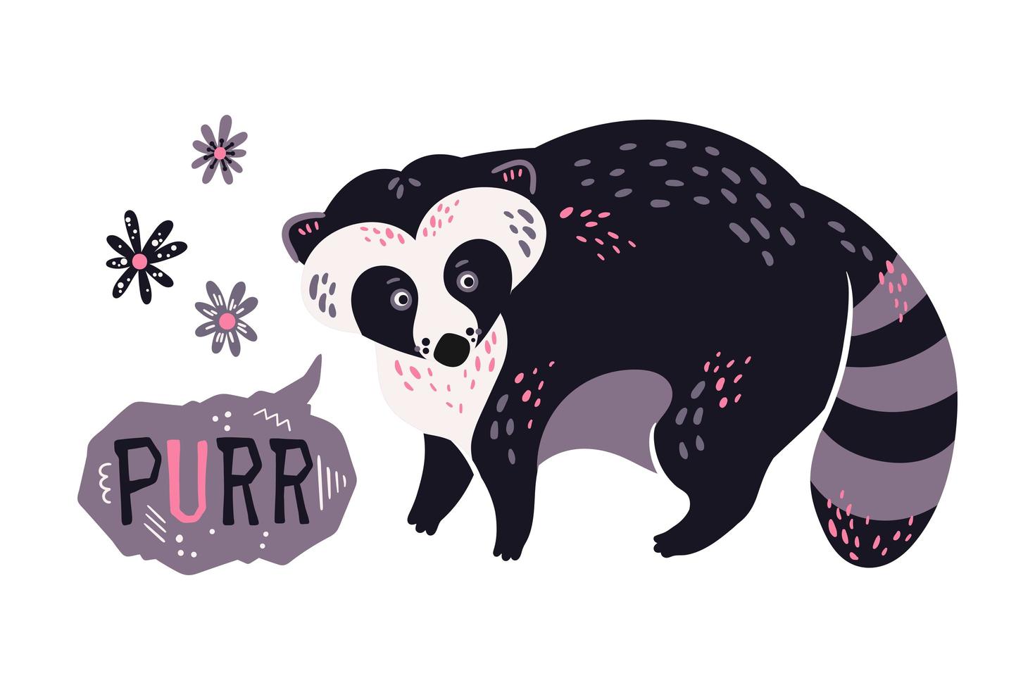 Vector flat hand drawn raccoon with flowers