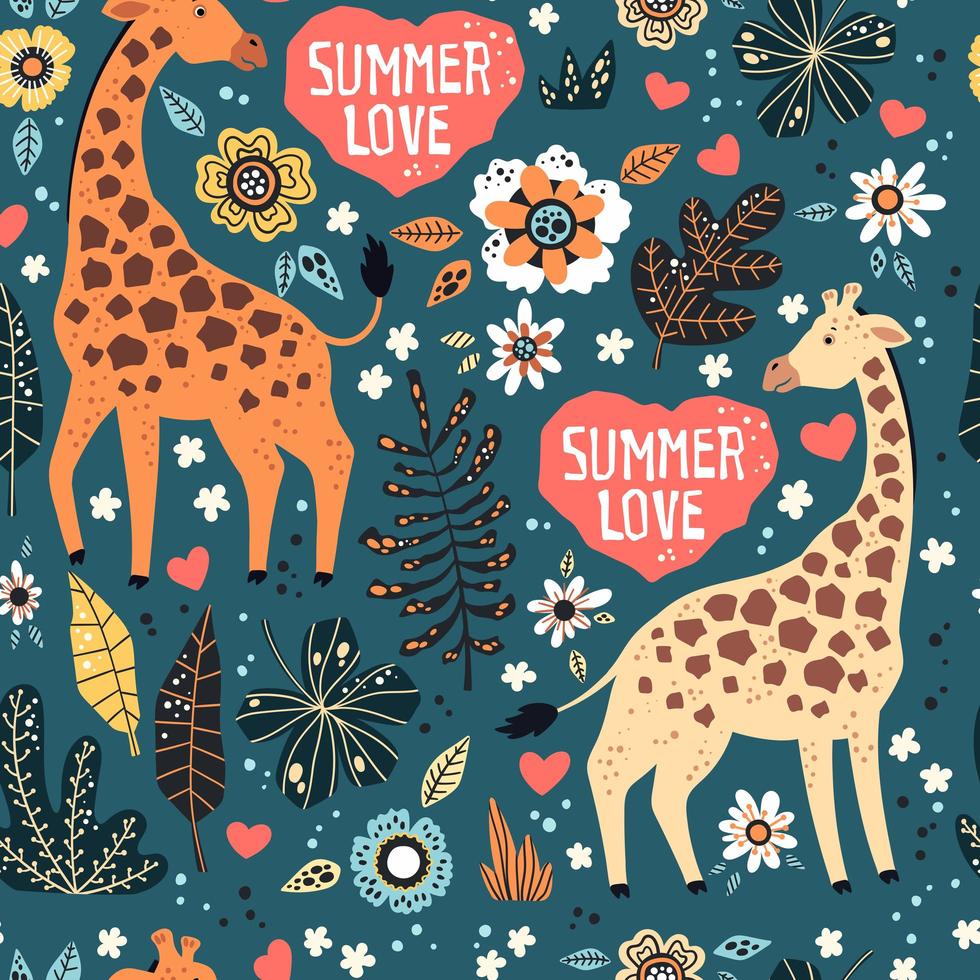 Vector flat hand drawn. Pattern. Giraffes with tropical plants and flowers.