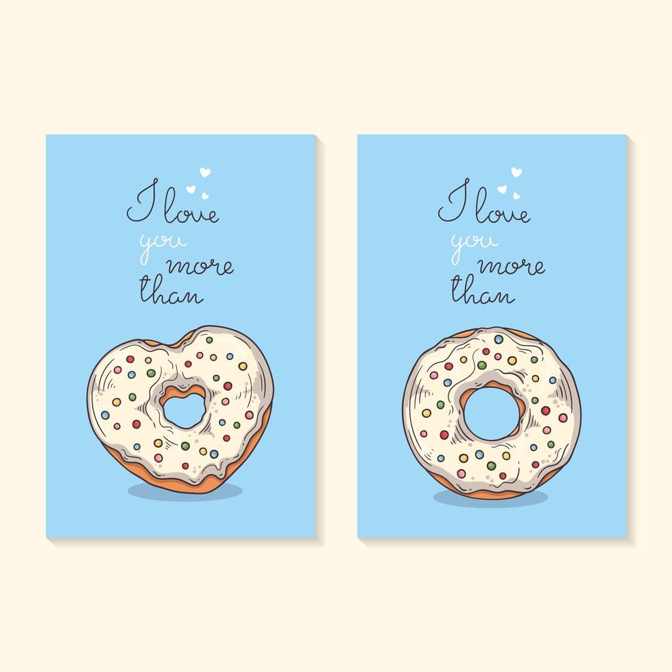 Vector illustrations. Congratulations on Valentine's Day. Cards with donuts.