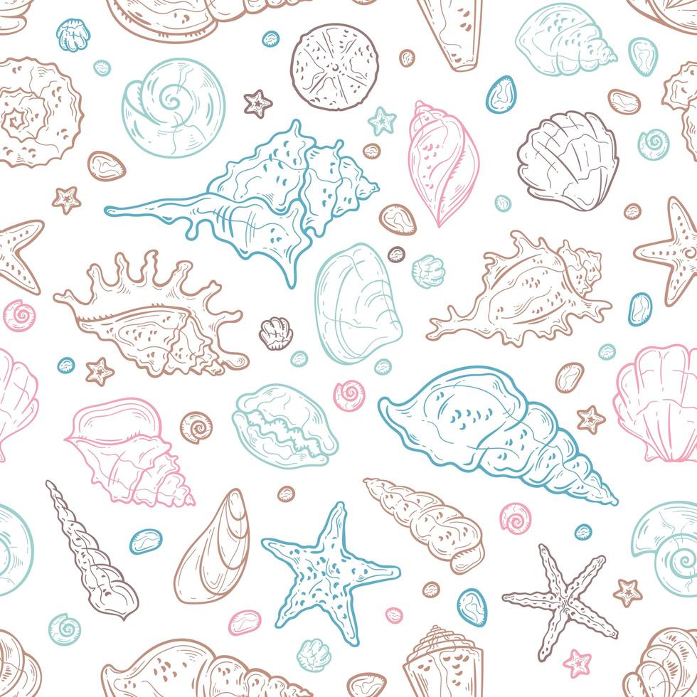 Vector sketching illustrations. Seamless pattern of seashells.