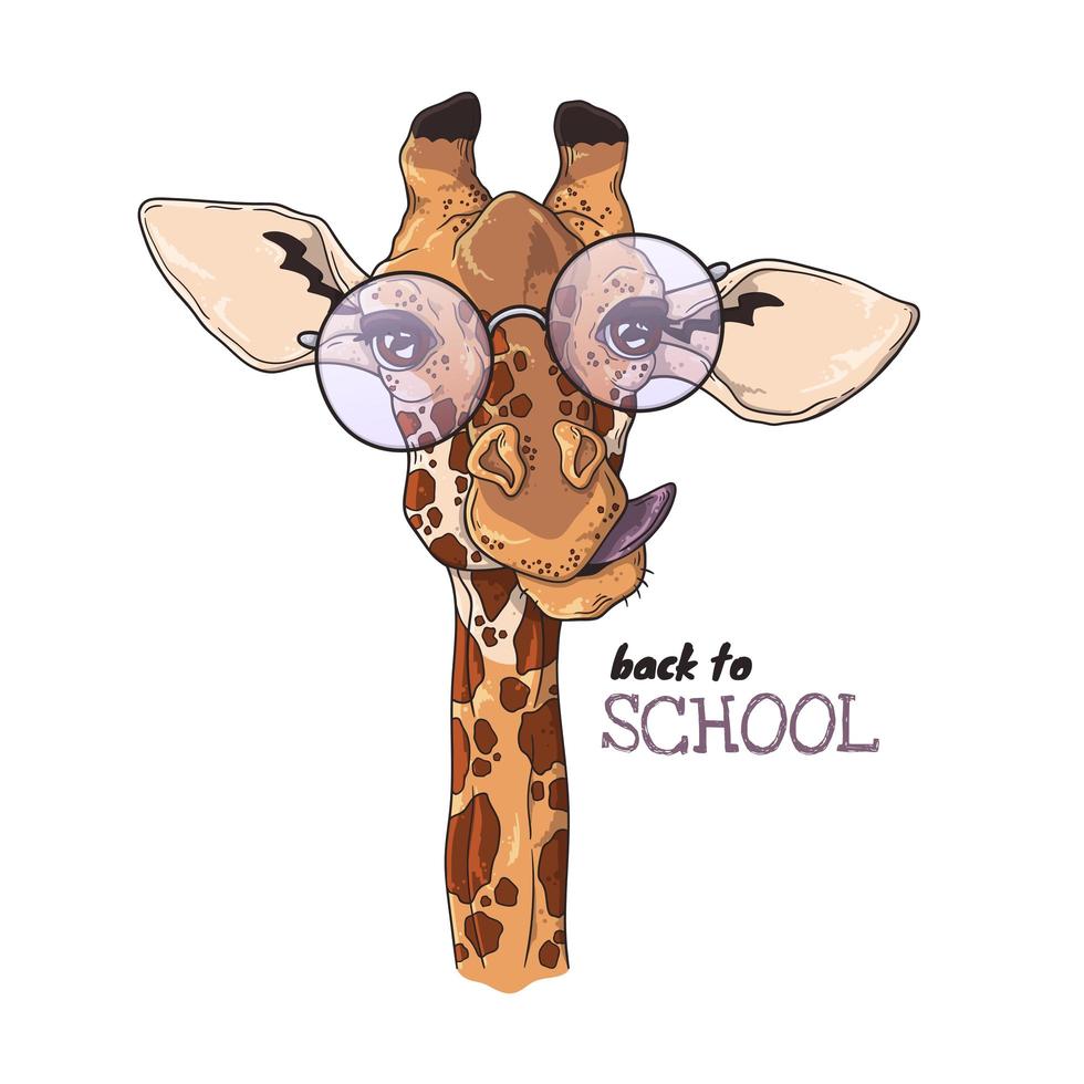 Vector sketching illustrations. Portrait of funny giraffe in school glasses.