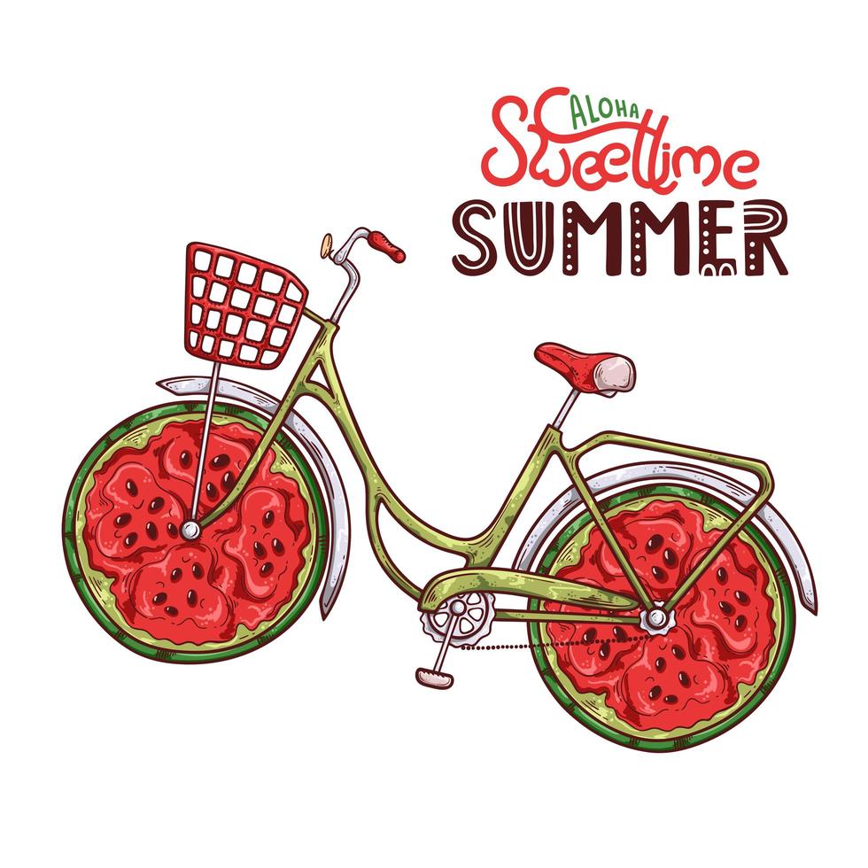 ilustración vectorial de bicicleta con sandía en lugar de ruedas. vector