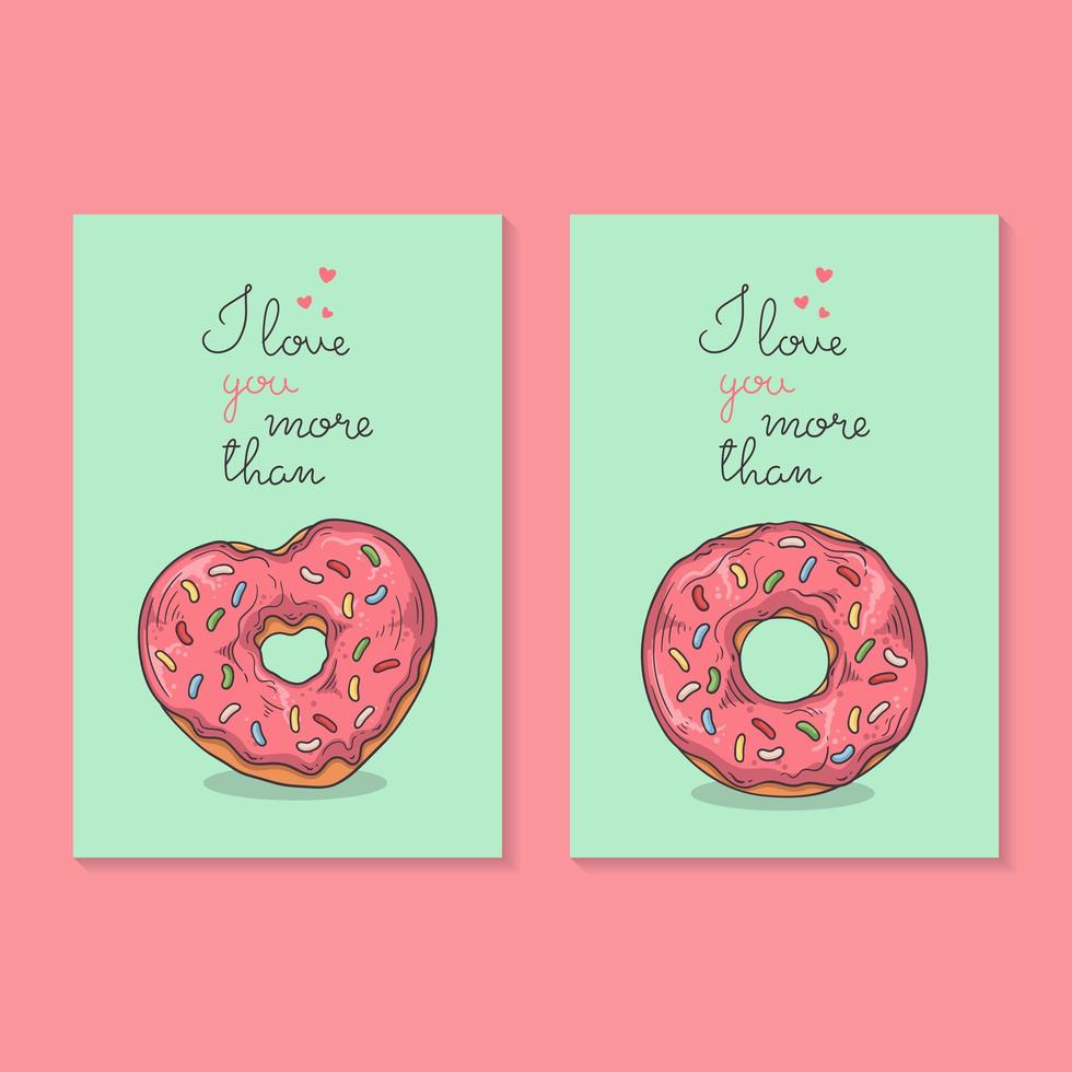 Vector illustrations. Congratulations on Valentine's Day. Cards with donuts.