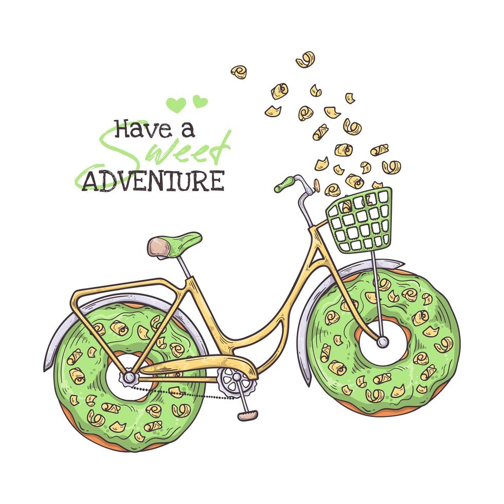 Vector sketching illustrations. Bicycle with donuts instead of wheels.